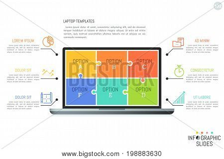 Minimal infographic design template with lettered options. Laptop screen divided into 6 colorful jigsaw puzzle pieces, icons and text boxes. Vector illustration for website, presentation, brochure.