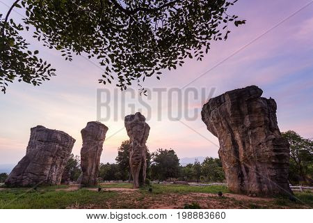 Beautiful Nature During Sunrise Time At Stonehenge Of Thailand , Mor Hin Khaow Chaiyaphum