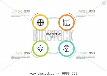 Round flowchart with 4 multicolored circular elements, linear icons inside and text boxes. Minimalistic infographic design layout. Production cycle concept. Vector illustration for report, banner.