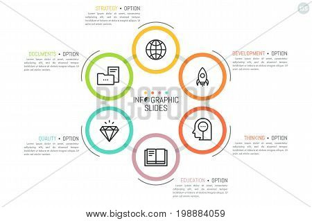 Circular diagram with 6 connected round elements, thin line symbols inside and text boxes. Simple infographic design template. Organization of business documents flow concept. Vector illustration.