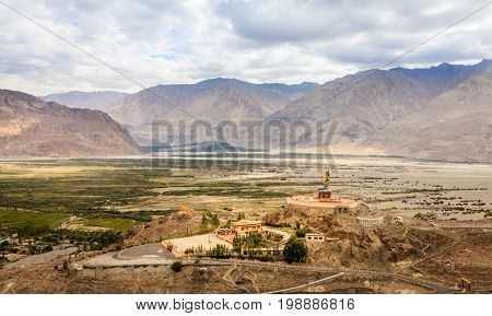 View to Nubra Valley and Maitreya Buddha statue from Diskit Monastery in Kashmir, India