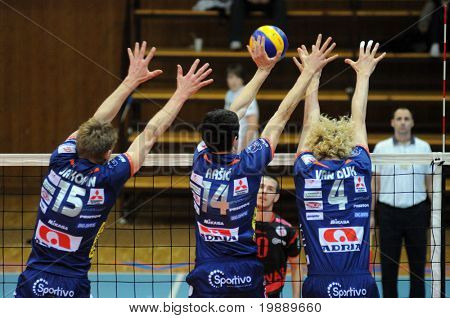 KAPOSVAR ฮังการี - 15 ตุลาคม: Bled เล่นบล็อกลูกที่ g เป็นวอลเล่ย์บอลลีกยุโรปกลาง
