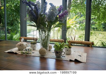 Vintage wooden house table decoration stock photo