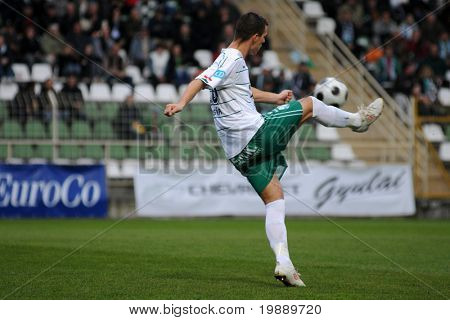 KAPOSVAR, 헝가리-10 월 23 일: Tamas Gruz 헝가리 내셔널 챔피언십 축구 게임에서 행동