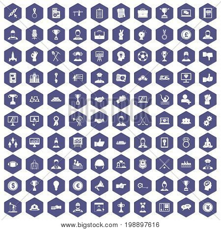 100 leadership icons set in purple hexagon isolated vector illustration