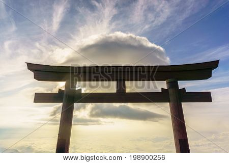 Torii on top of Fuji mountain . Fuji is highest mountain in Japan at 3776 m symbol of Japan