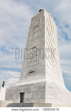 KILL DEVIL HILLS, NORTH CAROLINA - JULY 14, 2017:  The 60-foot granite monument commemorating the achievement in flight by the Wright brothers.
