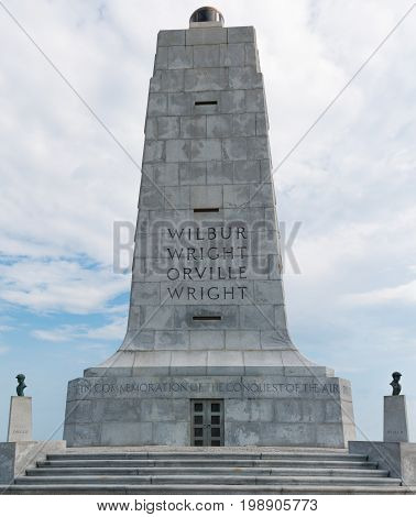 KILL DEVIL HILLS, NORTH CAROLINA - JULY 14, 2017:  The 60-foot granite memorial to Wilbur and Orville Wright, brothers who were first successful in sustained, powered flights.