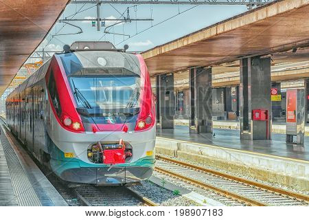 Rome, Italy - May 15, 2017 : Modern High-speed Passenger Train Stand On The Roma Termini Railways St