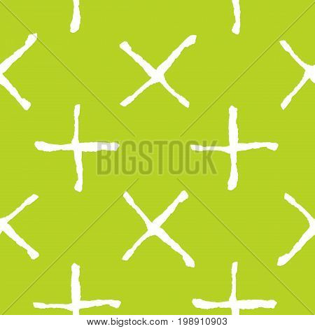 Trendy seamless pattern with handdrawn shapes. Messy endless ornament with white hand painted pluses on green background. Stylish vector design for fabric, wallpaper, wrapping