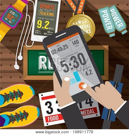 Sport Activity Application In Smartphone With Sport Gears Items In Background Vector Illustration. EPS 10