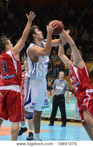 KAPOSVAR, HUNGARY - NOVEMBER 27: Dan Werner (15) in action at a Hungarian Championship basketball game Kaposvar vs. Kormend November 27, 2010 in Kaposvar, Hungary.