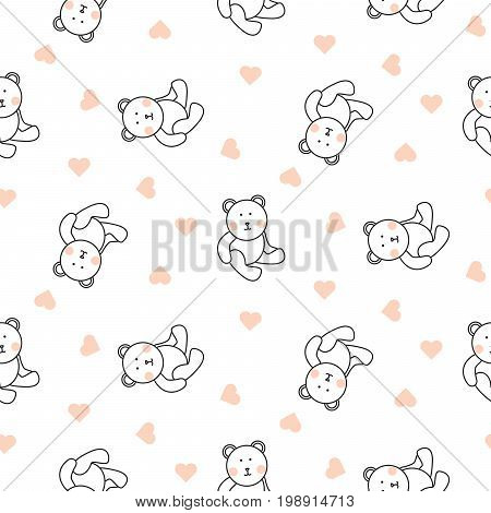 Teddy bear plush seamless vector pattern. Cute kid pajamas white texture with toy bear and heart shapes.