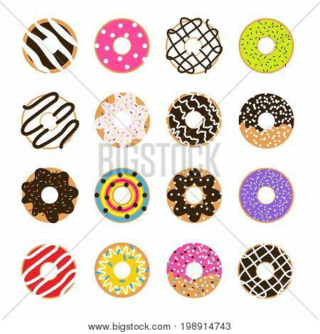 Donut vector set isolated on white. Doughnut glazed collection. Sweet bakery sugar food.