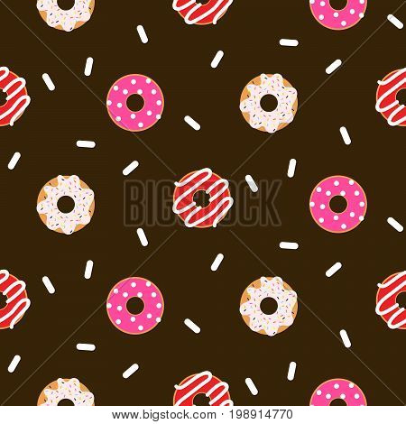 Donut pink glazed seamless chocolate vector pattern. Sweet bakery doughnuts with glaze cream and coconut sprinkles.