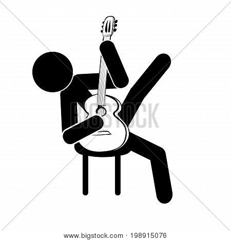 Stick figure man sits and plays the classical guitar vector icon