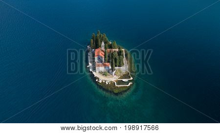 Aerial view of the island of St. George with monastery, Kotor Bay, Montenegro.