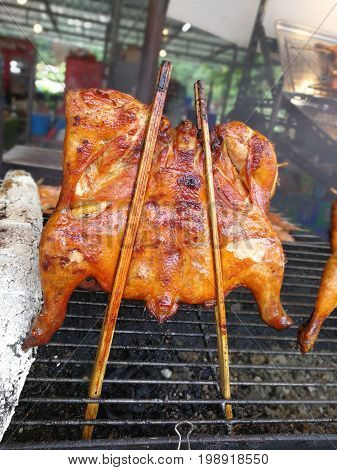 pollo calda di torrefazione sulla griglia del barbecue affumicato