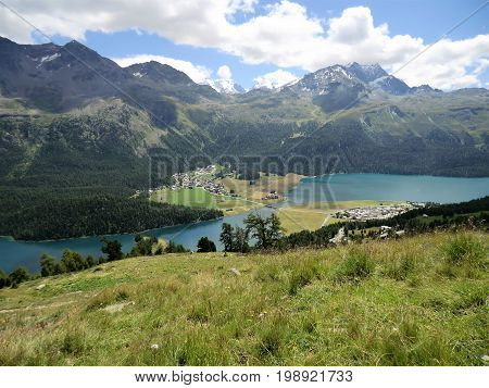 Silvaplanersee and Surlej village in the Engadine, Switzerland