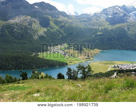 Silvaplanersee and Surlej village in the Engadine, Switzerland