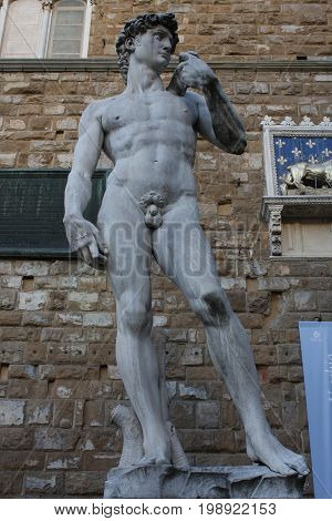 The statue of David by Michelangelo on the Piazza della Signoria in Florence, Italy