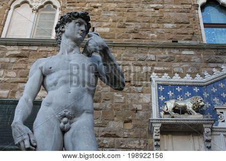 The statue of David by Michelangelo on the Piazza della Signoria in Florence, Italy
