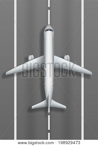 Airstrip with white airplane. Plane mockup top view. Vector illustration EPS 10