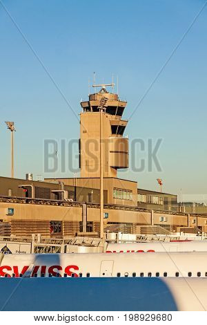 Zurich Switzerland - June 11 2017: Airport Zurich (Flughafen Zurich) - view of Tower and airfield with several airbus of airline 