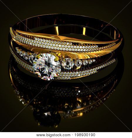 Gold ring with diamond gem jewelry. Luxury jewellery bijouterie with crystal for people in love . Top view of crown gemstone and reflection on black background. 3D rendering