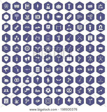 100 meeting icons set in purple hexagon isolated vector illustration