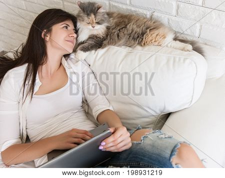 Young woman lovely looks at her cat with laptop on knees. Charming family pets and people cosiness concept