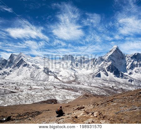 Panorama of Himalayan mountain landscape in Sagarmatha National Park - view on Ama Dablam mount from Chhukhung Ri in Everest Region, Nepal, Himalayas