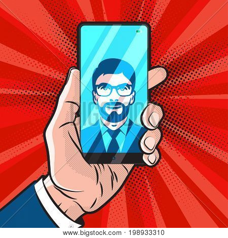 PopArt style mokup with trendy smartphone design in hand of man in suit and his selfie on screen