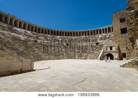The Roman ancient theater in Aspendos. The province of Antalya. Mediterranean coast of Turkey.