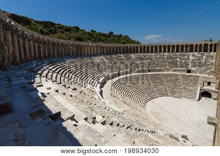 The Roman ancient theater in Aspendos. The province of Antalya. Mediterranean coast of Turkey.