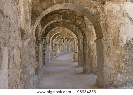 Internal passages in the ancient Roman amphitheater of Aspendos. The province of Antalya. Mediterranean coast of Turkey.