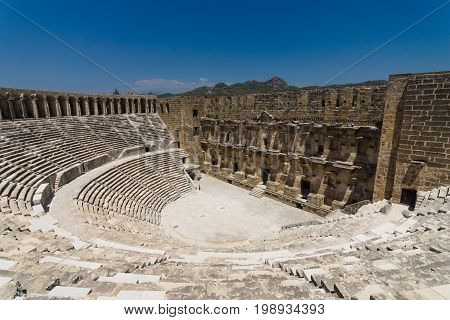 The Roman ancient theater in Aspendos. The province of Antalya. Mediterranean coast of Turkey.