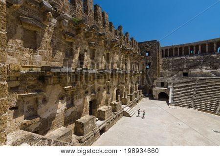 The Roman ancient theater in Aspendos. The province of Antalya. Mediterranean coast of Turkey.