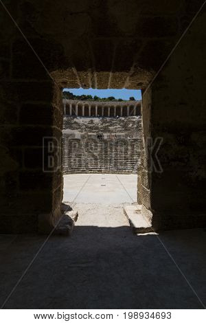 The fragment of a Roman ancient theater in Aspendos. The province of Antalya. Mediterranean coast of Turkey.
