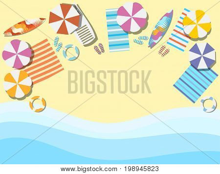 Beach seashore with waves. Chaise lounge with umbrella surfboard. View from above. Bedspread with flip flops. Vector illustration
