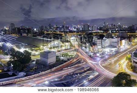 Hua Lamphong Bangkok city at night with light traffic transport