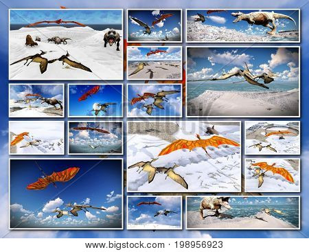 Velociraptor and pterodactyl 3d rendering