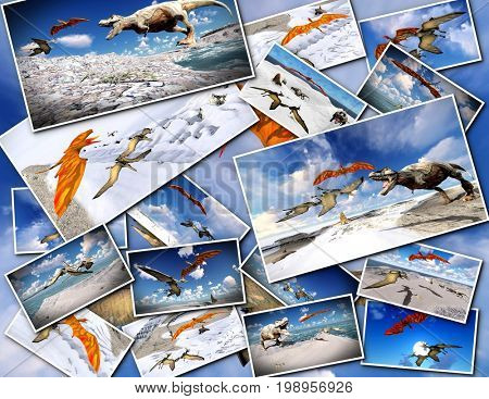 Velociraptor and pterodactyl 3d rendering