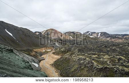 View on the beautifully colored mountain, volcano Blahnukur, Iceland.