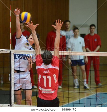 KAPOSVAR, Macaristan - 20 Şubat: Balazs Bagics (L) bir Orta Avrupa Ligi voll, topu grev