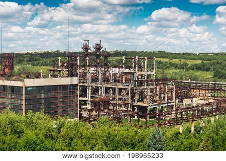 Aerial panoramic view of old industrial abandoned factory or plant in Efremov, Tula region, Russia in sunny day