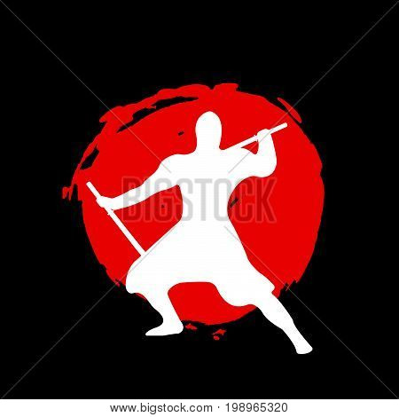 Ninja Warrior Silhouette On Red Moon And Black Background.