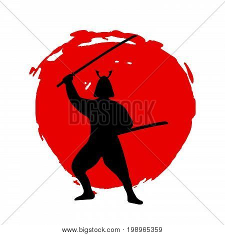 Samurai Warrior Silhouette On Red Moon And White Background.