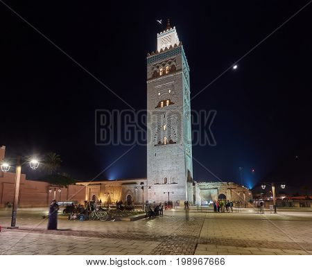 The Koutoubia Mosque Or Kutubiyya Mosque At Night, It Is The Largest Mosque In Marrakesh