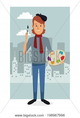 monochrome city landscape frame background with colorful full body man artist vector illustration